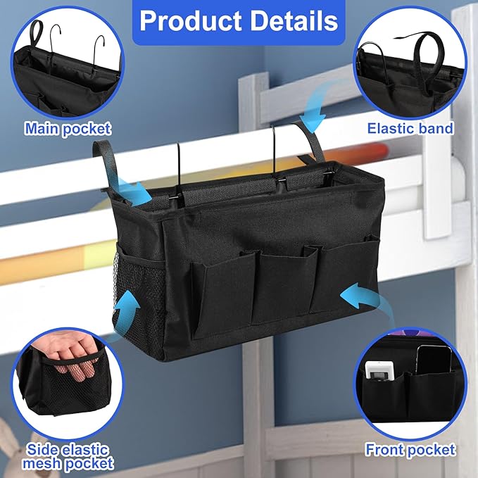 2Pcs Bedside Caddy Oxford Cloth Bedside Storage Organizer Large Capacity Hanging Storage Bag with Metal Hook Adjustable Strap Foldable Bedside Organizer