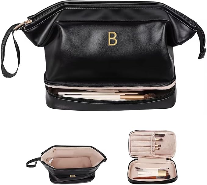 Monogrammed Gift for Women Girls, Initial Makeup Bag, Personalized Double Layer Cosmetic Bag with Makeup Brush Organizer, Large Capacity PU Leather Travel Toiletry Bag, Sister Gifts