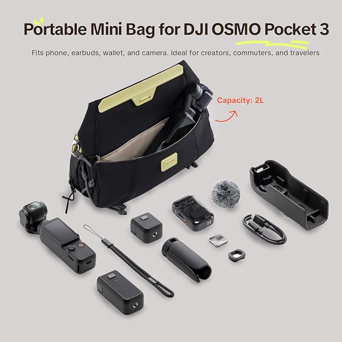 PGYTECH OneGo Pocket Sling for DJI Osmo Pocket 3, Portable Splashproof Everyday Carry Case with Detachable Strap, 2L, 3-Layer Storage Carrying Bag for Smartphones & Action Cameras Accessories, Black