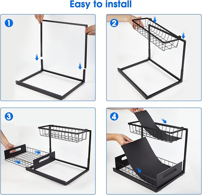 Under Sink Organizer, 2 Tier Under Sink Organizers and Storage Multi-Purpose Under Sink Storage for Bathroom Kitchen (Black)