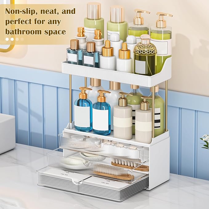 5 Tiers Bathroom Counter Organizer - 3 Drawers Makeup Organizer, Cosmetic Storage Drawer for Dresser Countertop and Bathroom Vanity for Large Skincare, Perfume, Clear