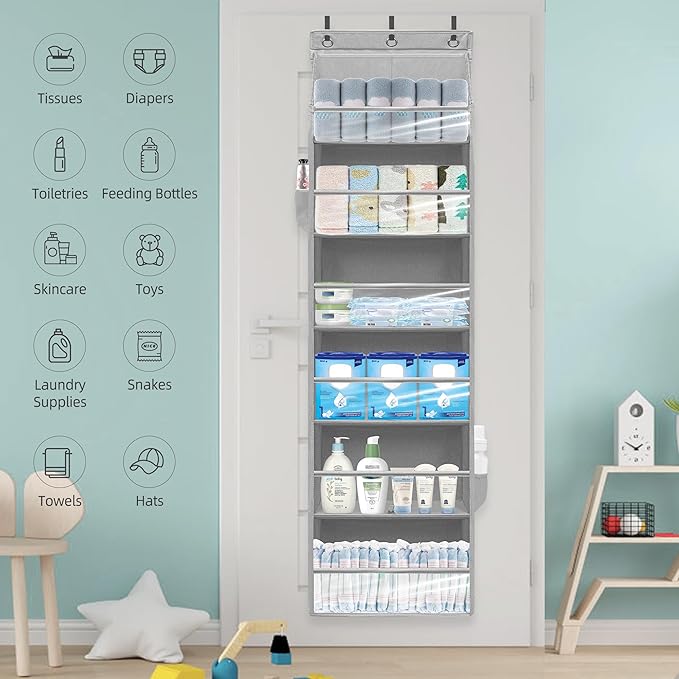 Over Door Organizer with 6 Extra Large Pockets 12 Side Pockets, Sturdy Closet Storage Rack, Hanging Storage Organizer with Clear Window for Shoes, Diapers, Toys, Bedroom, Bathroom, Grey