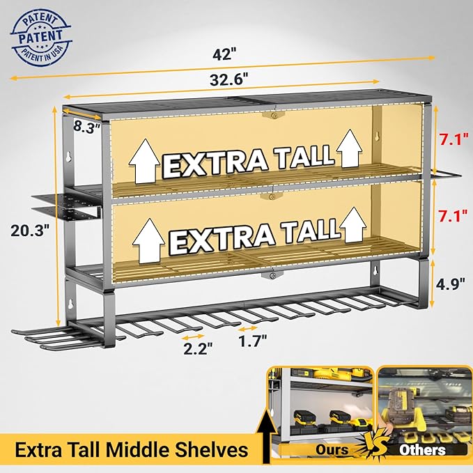YYR Large Power Tool Organizer Wall Mount, Heavy Duty Metal Cordless Drill Storage Rack with Battery Charging Station Shelf, Utility Racks for Garage Organization, 4 Layer 10 Drills Holder Extra Tall