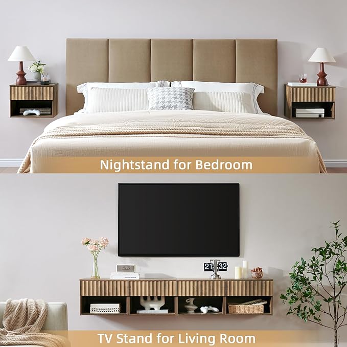 Floating Nightstand with Fluted Drawer - Modern Wall Mounted Bedside Table with Open Storage Shelf, Small Night Stand TV Stand for Bedroom(Rustic Brown, Set of 2)