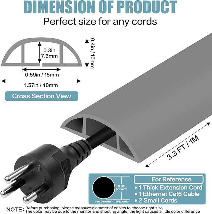 Floor Cord Cover Self Adhesive Cord Hider,3.3FT Cable Management, Extension Strip Protector for Wires, Prevent Cable Trips for Offices, Gyms, Exhibitions Cavity:0.51"(W) x 0.3"(H) Gray
