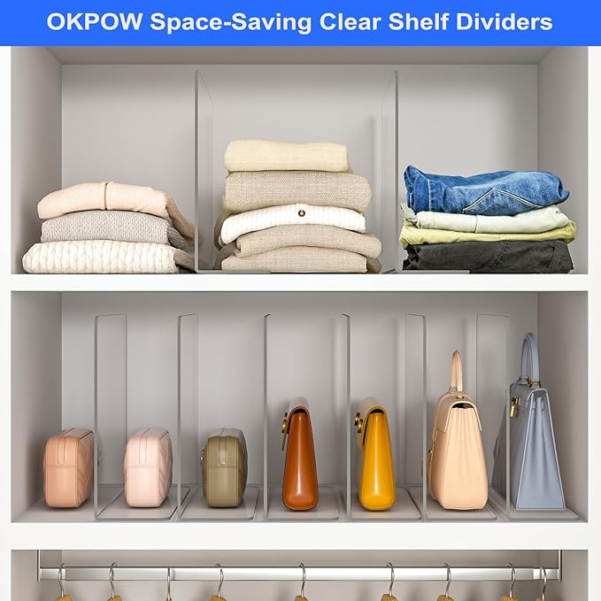 OKPOW Shelf Dividers Closet Organizer - 12" Tall X 11.8" Deep Acrylic Clear Sturdy Separate for Clothes Purse - Adjustable Space Saver Easy Install for Home Organization Enthusiasts 12 Pack