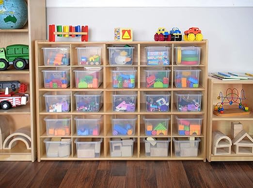 Contender 25 Tray Storage Cabinet with Translucent Trays, Fully Assembled, Wooden Organizer for Classroom, Daycare, or Home