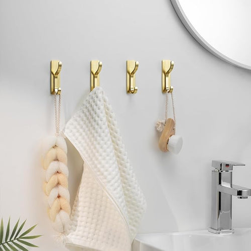10-Pack Wall Hooks for Hanging Towels - Stainless Steel Adhesive Hook, 13LB Strong Hold, Sticky Hangers for Coats, Bags, Purses, Backpack - Bathroom, Kitchen, Door, Shower, Dorm, RV, Brushed Gold
