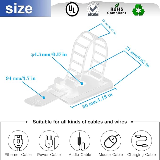 Adjustable 3M Adhesive Cable Management Clips 100Pcs, Large self Adhesive Cable Ties Clips ，Suitable for Cable Management Under desks and on Walls(White)