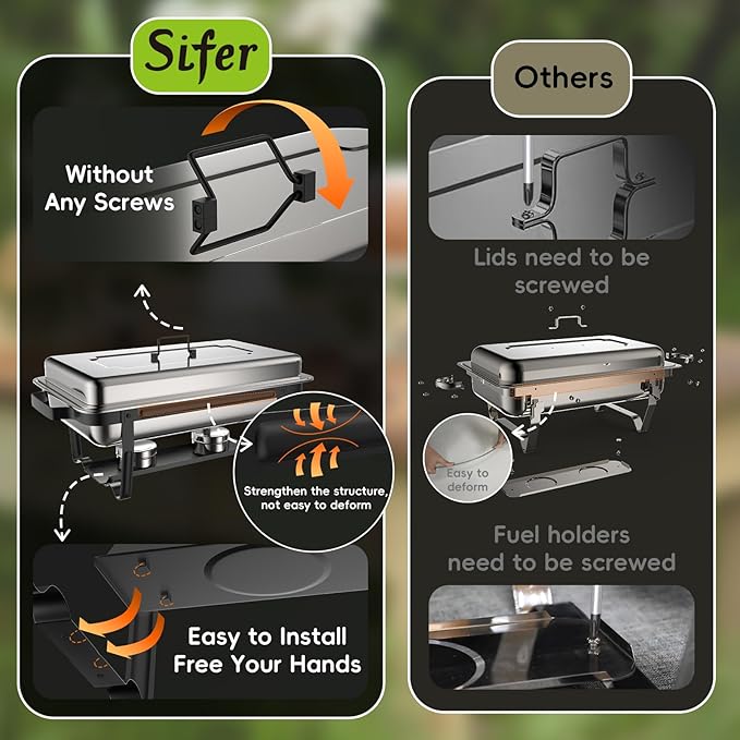 sifer 9Qt 4Pack Chafing Dishes for Buffet [Multi-Size Food Pans] | Chafing Dishes with Screwless Assembly & Stackable [Easy to Store] Design for Wedding/Home/Christmas Buffets, Black