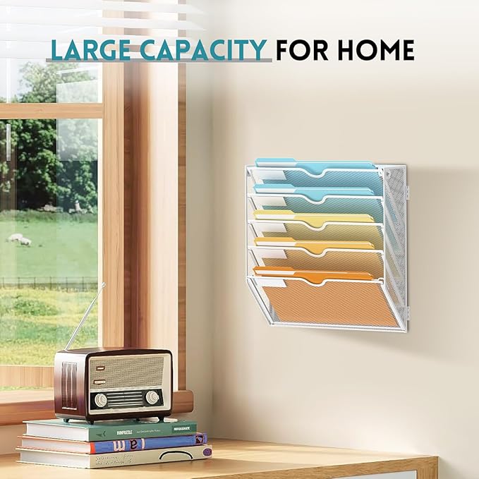 SUPEASY 5-Tier Wall File Organizer Mesh Office Mail Holder, Hanging Wall Organizer Magazine Rack for Office White
