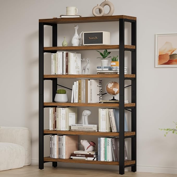 6-Tier 39.37" Wide Heavy Duty Bookshelf, Industrial Wood and Metal Bookshelf, Vintage Bookcase with Lock Wall Design, Living Room Shelf, Rustic Brown