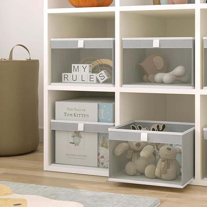 Linen Closet Organizers and Storage, Closet Storage Bins Basket Organizer, Foldable Organization Baskets with Mesh Window for Clothes Towels and Toys, 14.5" x 14.5" x 10.25", Gray, 2 pack