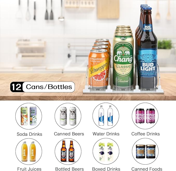 Soda Can Dispenser for Refrigerator - 3 Row Automatic Pusher Glide, Fridge Bottle Rack Drink Organizer, Self-Pushing Width Adjustable Beverage Storage Holds Up to 12 Cans (12.2inch, White)