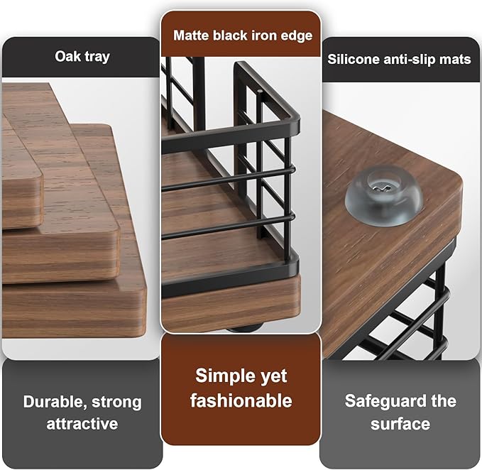 Wican Guest Towel Holder Tray for Bathroom, Oak and Iron Napkins Holder for Powder Room Dinning Table Wooden Basket for Disposable Paper Hand Towels Black & Walnut
