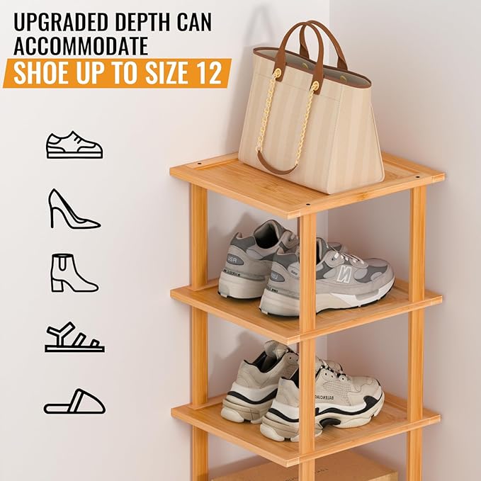 Bamboo Free Standing Shoe Rack Shelf Multi Tier Tall Wooden Stackable Shoes Rack Organizer for Closet Front Door Entrance Narrow Vertical Shoe Storage Rack for Corner Stand (Nature, 12 Tiers)