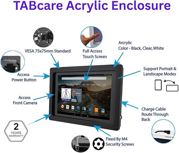 TABcare Anti-Theft Acrylic VESA Enclosure for Apple iPad 10 10.9" 2022, iPad 11" 2025 A16 with Free Wall Mount Kit & 90-Degree Angle USB C Charge Cable (White)