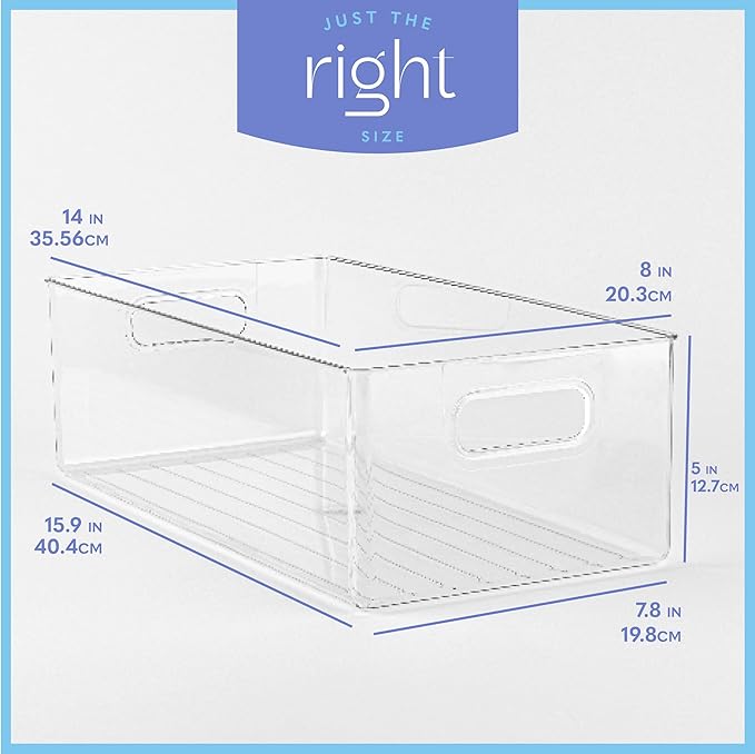 primebox Plastic Food Storage Clear Container Bin with Handles for Organizing Kitchen, Pantry, Refrigerator, Freezer, Pantry, Cabinet, Closet, Bathroom. 14”x8”x5”