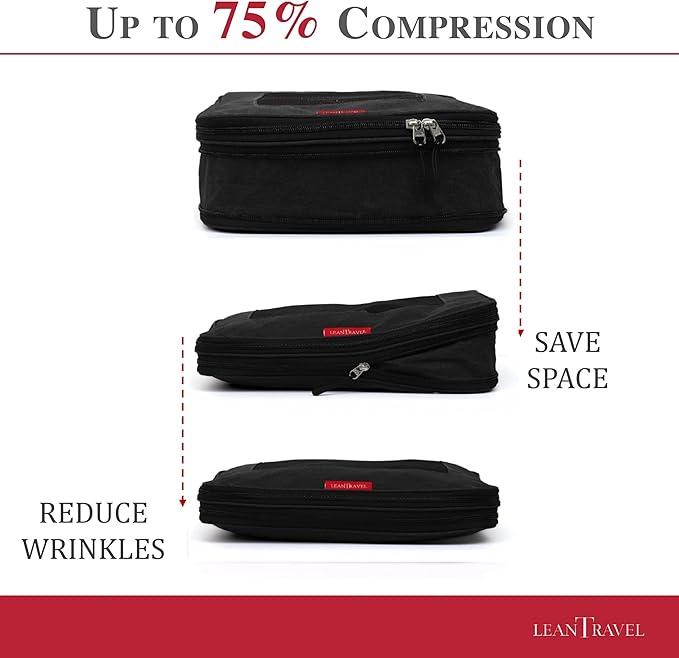 LeanTravel Compression Packing Cubes for Travel Organizers with Double Zipper (3-Pack (2L+1M), Black)