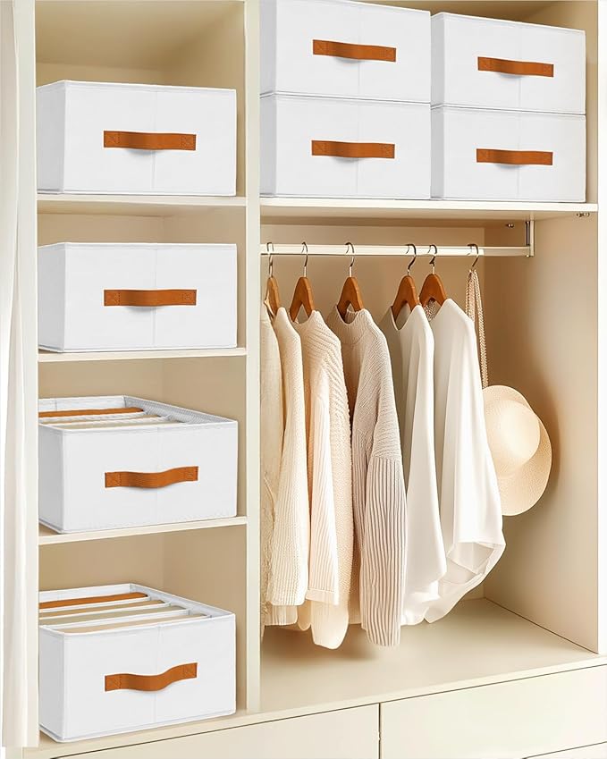 Clothes Organizers and Storage - 4/5/7 Grids Fabric Jeans Organizer with Handles, Foldable Closet Organizers Dividers, Wardrobe organizer for Pant, Sweater, T-shirt, Scarf, 3 Pack, White
