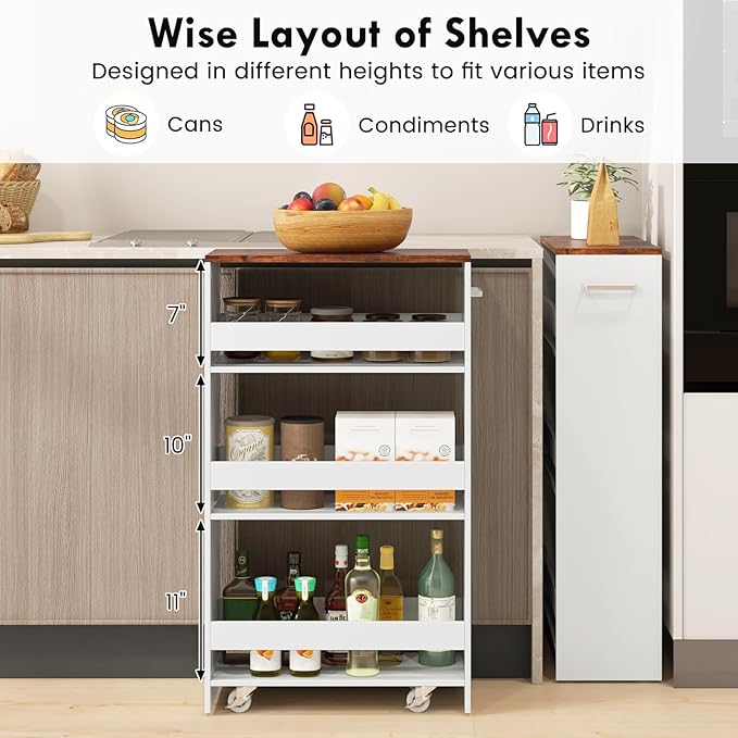 LOKO 4-Tier Rolling Storage Cart, 8 Inches Slim Kitchen Cart on Wheels with Open Shelves & Handle, Laundry Room Cart Between Washer and Dryer, for Bathroom Next to Fridge (White & Rustic Brown)