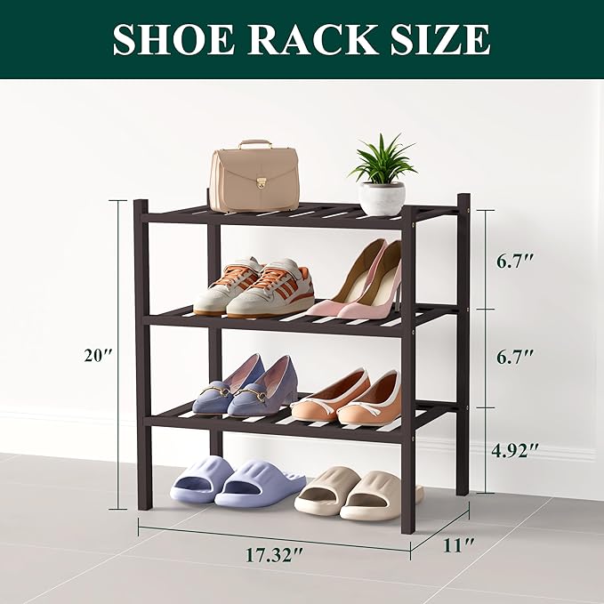 Smiry Bamboo Shoe Rack for Closet, 3 Tier Small Wooden Stackable Shoe Organizer, Free Standing Shoes Storage Shelf for Entryway, Front Door Entrance, Brown