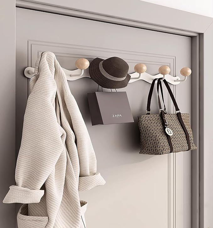 Coat Rack Wall Mount,White Wall Hooks Adhesive & Screw in,Anti-Tear Wooden Ball Hook Rail, Heavy Duty Metal Coat Hanger Wall Mount for Entryway, Bathroom, Bedroom, Kitchen 2PACK(6-tri Hooks)