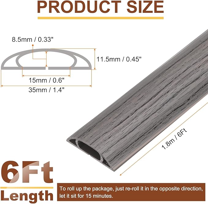 HARFINGTON 6ft Cord Cover Floor W0.6 x H0.33 Inner Channel PVC Hide Extension Cable Floor Wire Hider Wire Covers Protector for Prevent Cable Trips Cables Management, Dark Grey