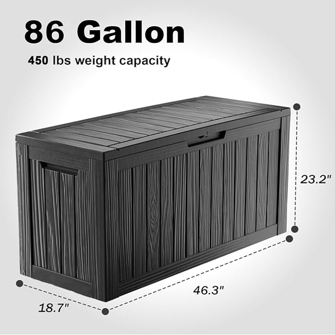 86 Gallon Outdoor Deck Box,Storage Lockable Waterproof Patio Furniture,Garden Tools,Cushions,Pool Accessories Outside Storage Resin Box(Black)