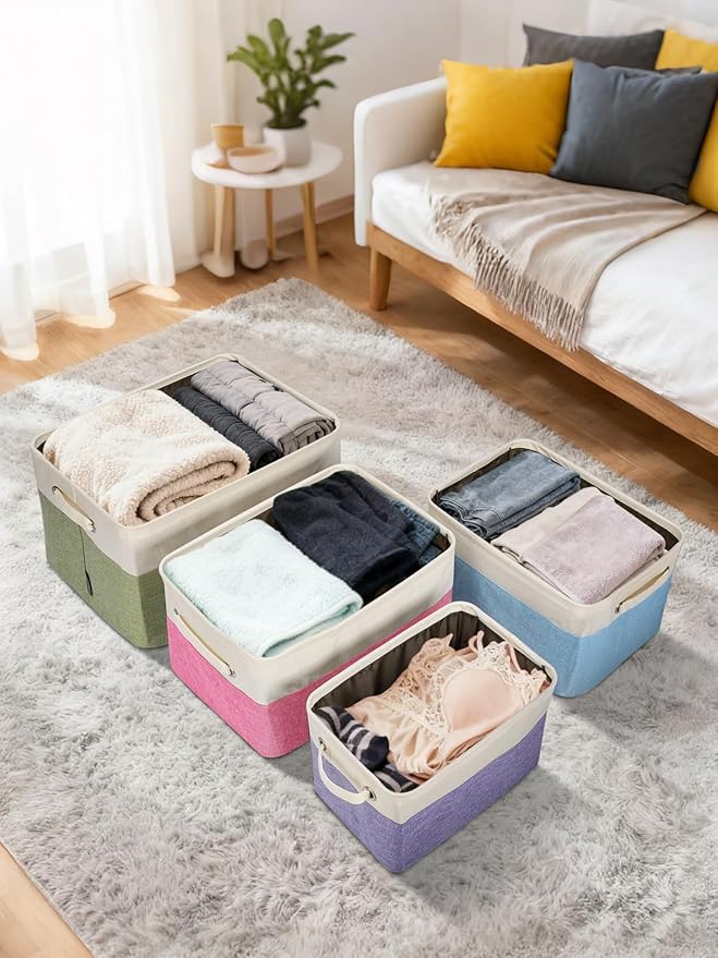 BALEINE 2 Pack Fabric Storage Bins for Shelves, Linen Storage Baskets for Organizing, Decorative Closet Bins for Clothes, Home (Brown, 14''x10''x8.5'')