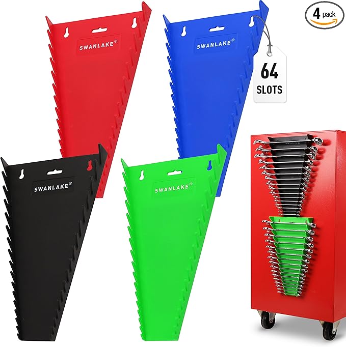 Magnetic Wrench Organizer 4-piece, Wrench Rack Tool Trays SAE (1/4" to 1-1/16"), Metric (6mm to 24mm), 64-Slot Drawer Storage Tools, Wrench Set Holder