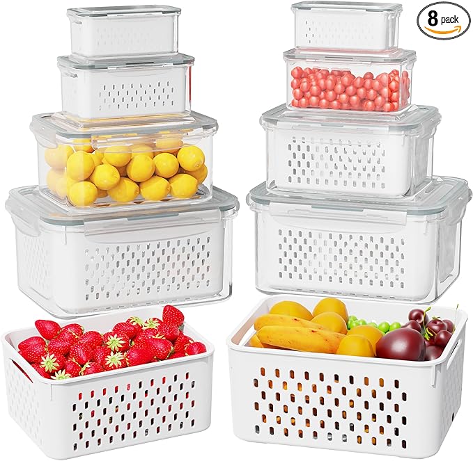 8 Pcs Fruit Storage Containers for Fridge (with Drain Basket) - Leak-Proof Food Containers, BPA-Free, Keep Fruits, Vegetables, Berries, and Meats Fresh for a Long Time, Dishwasher and Microwave Safe