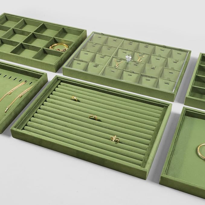 Velvet Necklace Display Tray, Stackable 24 Grid Insert Pendant Necklaces Storage Holder Plate, Jewelry Retail Countertop Organizer (Olive Green)