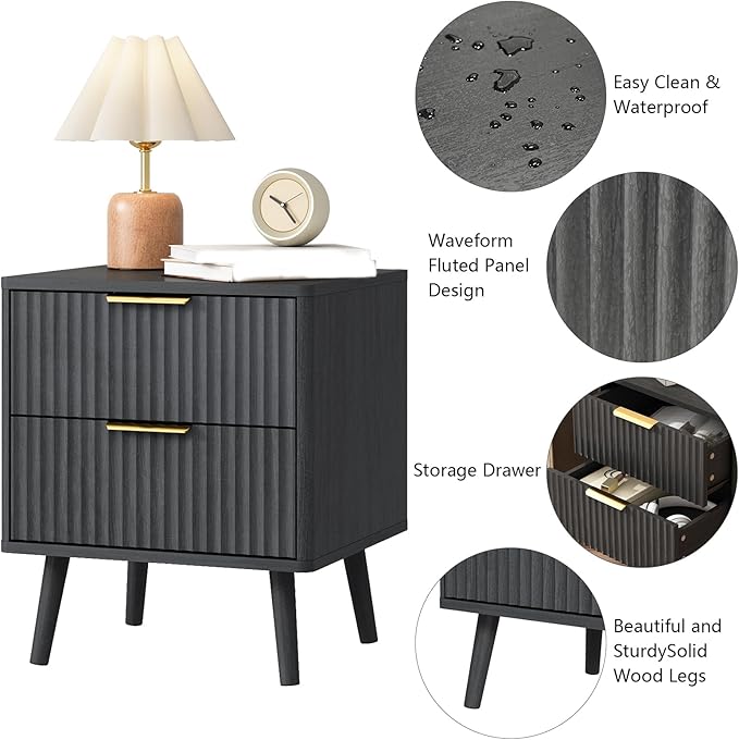 CARPETNAL Fluted Nightstand Set of 2, Black Bedside Table with 2 Drawers and Gold Handles, Wood End Table Mid Century Night Stands for Bedroom Living Room