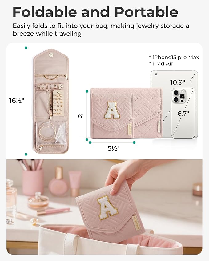BAGSMART Travel Jewelry Organizer Case C Initial Foldable Jewelry Roll for Journey Rings, Necklaces, Earrings, Bracelets,Mini,Letter C,Soft Pink
