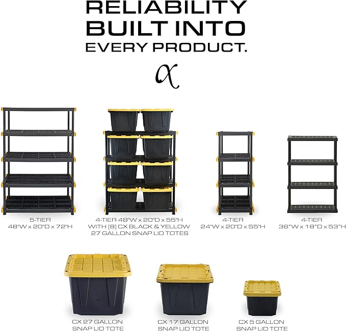 BLACK & YELLOW, 5-Tier Heavy Duty Plastic Storage Shelving Unit, 100lbs/shelf (72H x 24W x 20D), for Indoor/Outdoor Organization, Modular Rack