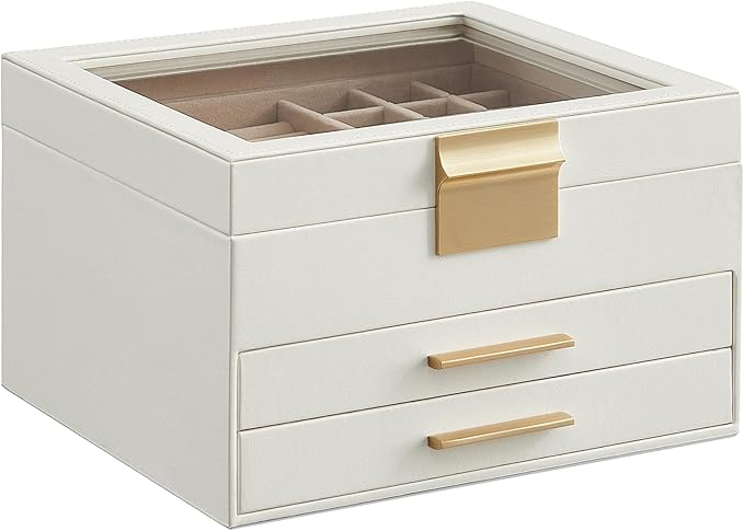 SONGMICS Jewelry Box Organizer with Glass Lid, 3-Layer Jewelry Storage, with 2 Drawers, Modern Style, Christmas Gift, 8 x 9.1 x 5.3 Inches, Cloud White and Gold Color UJBC239WT