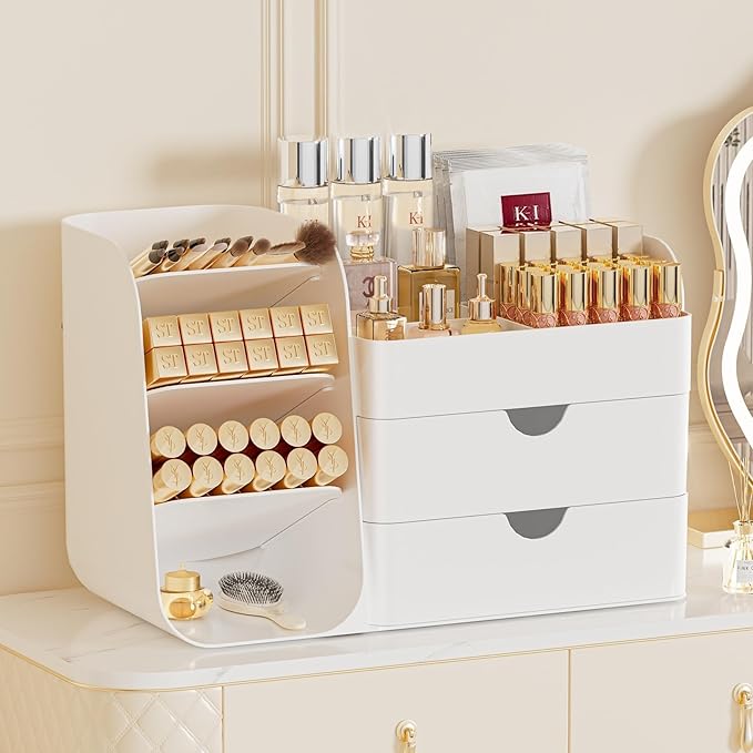 Makeup Organizer with Drawers,Large Capacity Countertop Organizer for Vanity,Bathroom and Bedroom Desk Cosmetics Organizer,Easy To Storage Skincare,Brushes, Eyeshadow,Lipstick (All White, Large)