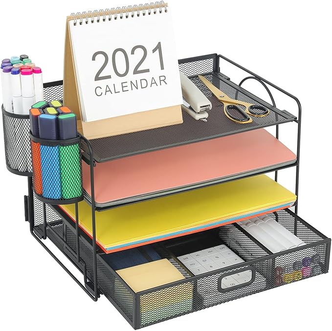 Marbrasse Desk Organizer and Accessories4-Tier Paper File Letter Tray Accessories & Workspace Desk Organizers with Drawer and 2 Pen Holders for School Home Office Supplies (Black)