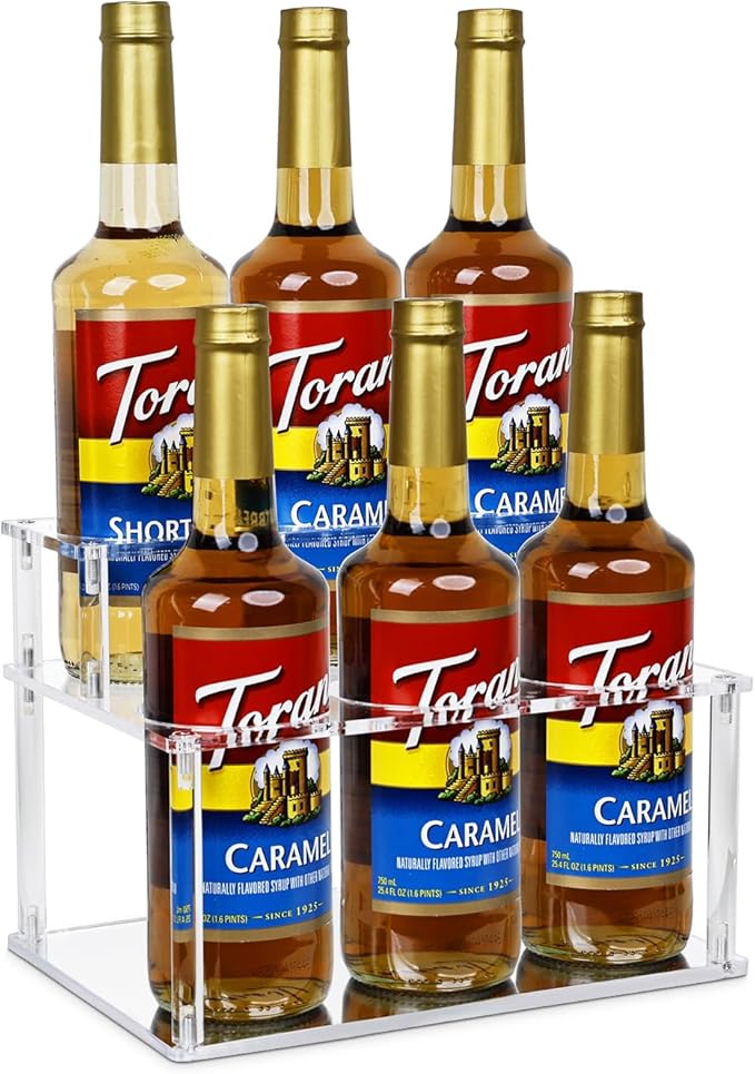 Upgraded Thickened Acrylic Coffee Syrup Organizer, 2-Tier Coffee Station Organizer Holds 6 Syrup Bottles, Coffee Syrup Dispenser Rack for Coffee Bar Station , Wine Bottle Rack Holder Countertop