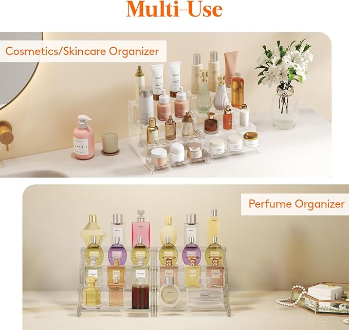 Lifewit 4 Tier Perfume Stand Organizer for Women, Plastic Display Riser, Tool-Free Assembly, Fragrance Makeup Cosmetics Shelf for Vanity Bedroom Bathroom Storage Organization, Clear, 9 Inch, 3 Pcs
