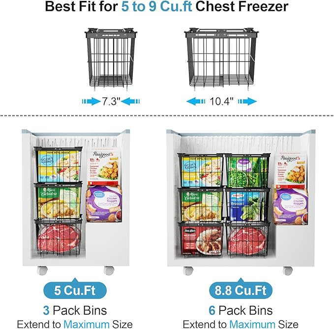 iSPECLE Freezer Organizer Bins - 5 Pack Adjustable & Extra Large Deep Freezer Organizer Bins for 5 to 9 Cu.Ft Chest Freezer, Easy Organize Basket Store More, Stackable No Wasted Space, Black
