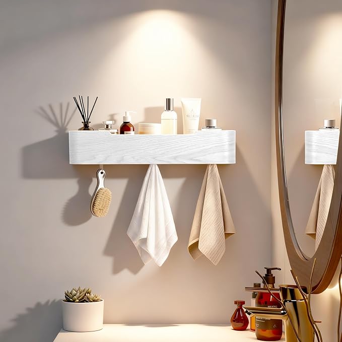 Wall Coat Rack Floating Shelves Modern Coat Rack Wall Mount with Storage Entryway Shelf Wooden Hanger 20 Inch 4 Hidden Metal Hooks for Living Room Bedroom (White, 5 Hooks)