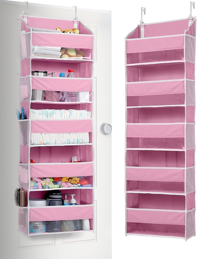 ULG 1 Pack Over Door Organizer with 5 Large Pockets 10 Mesh Side Pockets, 44 lbs Weight Capacity Hanging Storage Organizer with Clear Window Kids Toys, Shoes, Diapers, Pink
