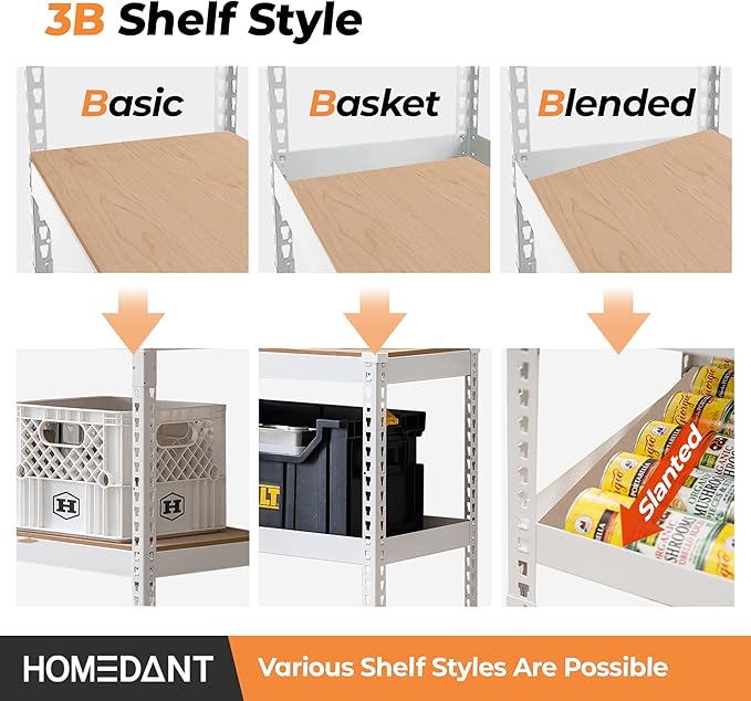 HOMEDANT 5 Tier Storage Shelves Adjustable Laminated Boltless Garage Metal Shelving Unit Heavy Duty Utility Rack Shelf Warehouse Pantry Closet Kitchen (1, (M) 35.9" W, White)