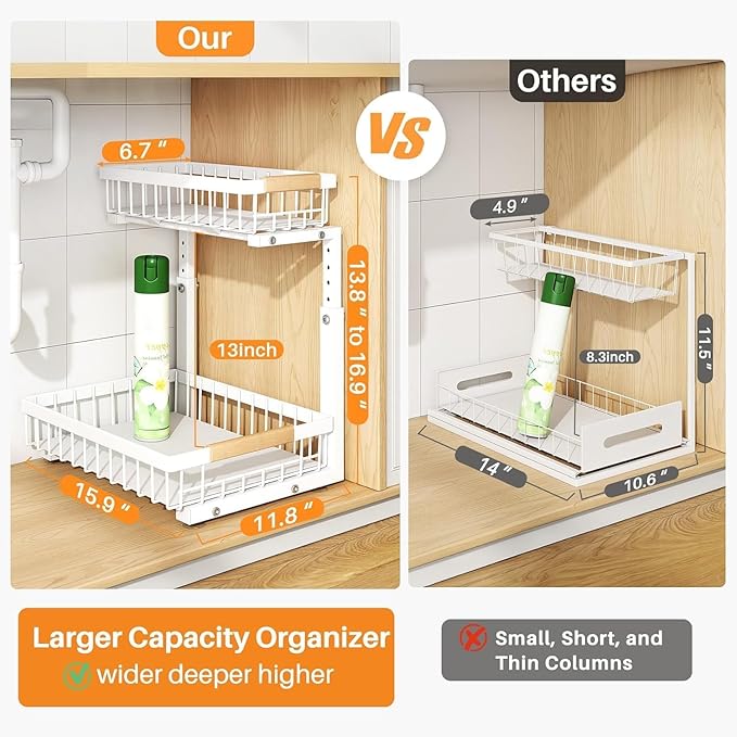 PXRACK 2 Pack Under Sink Organizer,Adjustable Height,2 Tier Pull Out Under Cabinet Organizer,Slide Out Thickened Metal Under Sink Storage for Kitchen Bathroom Laundry Cabinet Pantry,White