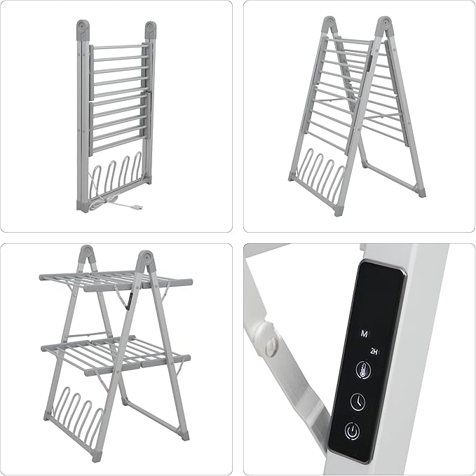 Electric Heated Clothes Drying Rack,Foldable Heated Garment Dryer with Timer Shut-Off Laundry Rack for Clothes Shoes Socks,Aluminum Alloy,Silvery Gray,Plug & Play,(39.37x25.98x23.82in)