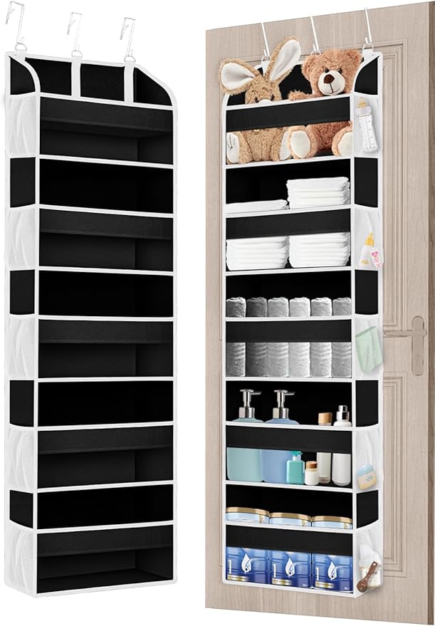 2 Pack Over The Door Storage Organizer with 5 Pockets 10 Mesh Side Pockets, 44 lbs Weight Capacity Door Hanging Organizers and Storage for Bedroom,Bathroom,Nursery,Pantry,Dorm(Black)