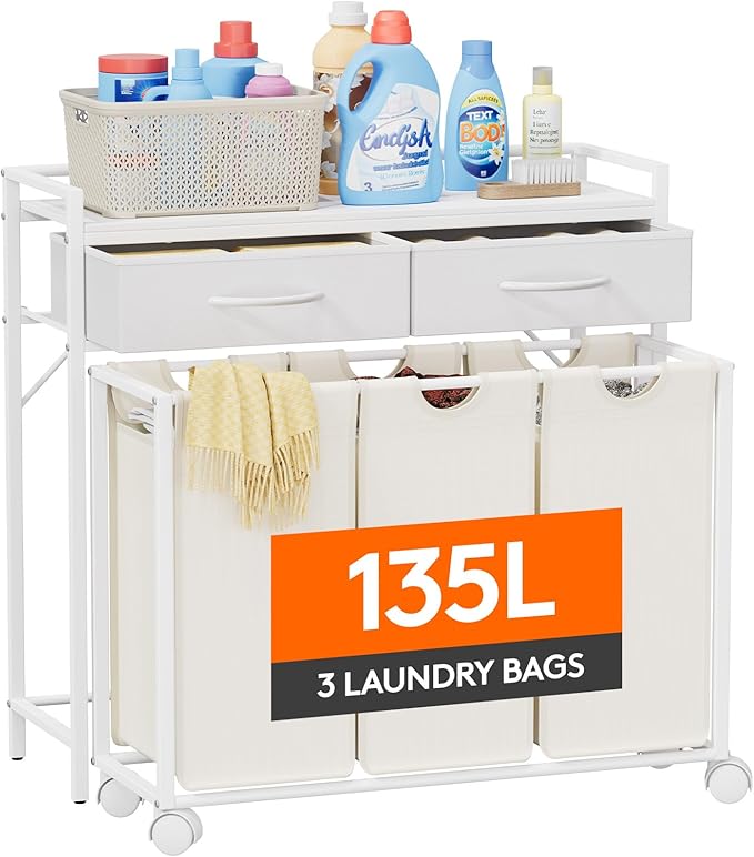 Lifewit Laundry Hamper 3 Section, Large Rolling Laundry Sorter with Shelf & 2 Drawers, Pull-Out Laundry Basket Organizer with Wheels and Removable Bag, White and Beige