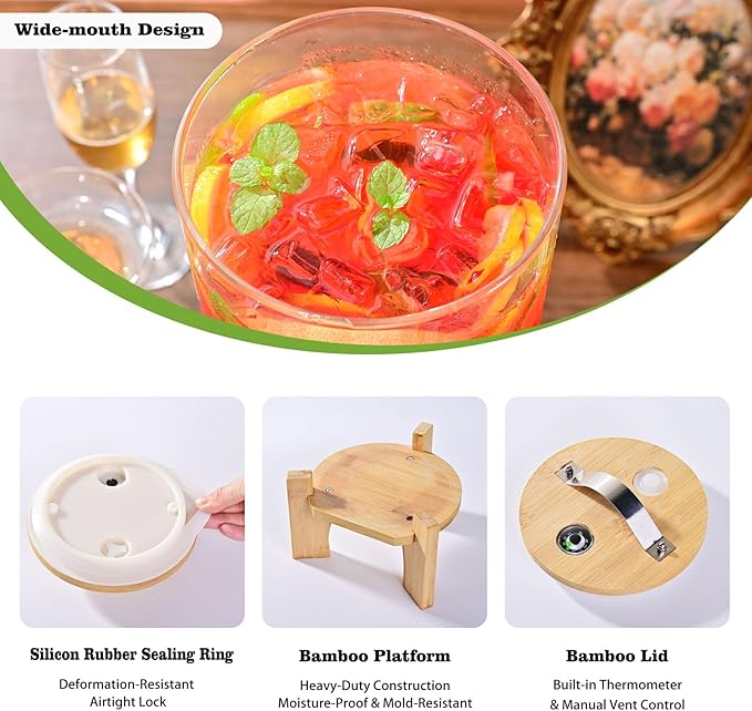 1.2 Gallon Large Glass Drink Dispenser For Parties, Beverage Dispenser with Bamboo Wood Stand and Stainless Steel Spigot, Juice, Lemonade, Water jug dispenser, Laundry Detergent Dispenser (1 PACK)